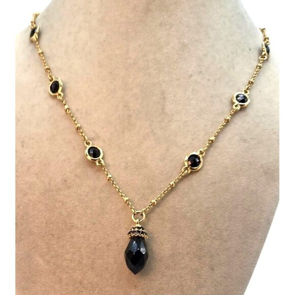 Gold-Plated Necklace With Black Crystal Drop Pendant & Accents - MONET - Picture 2 of 3